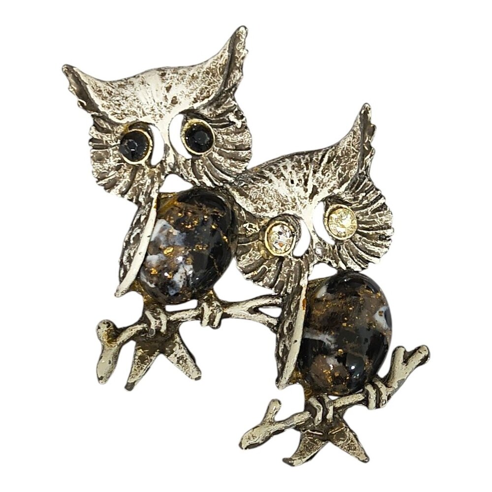 Vintage HMS Owl Pendant / Brooch — Double Owl with Cabochon